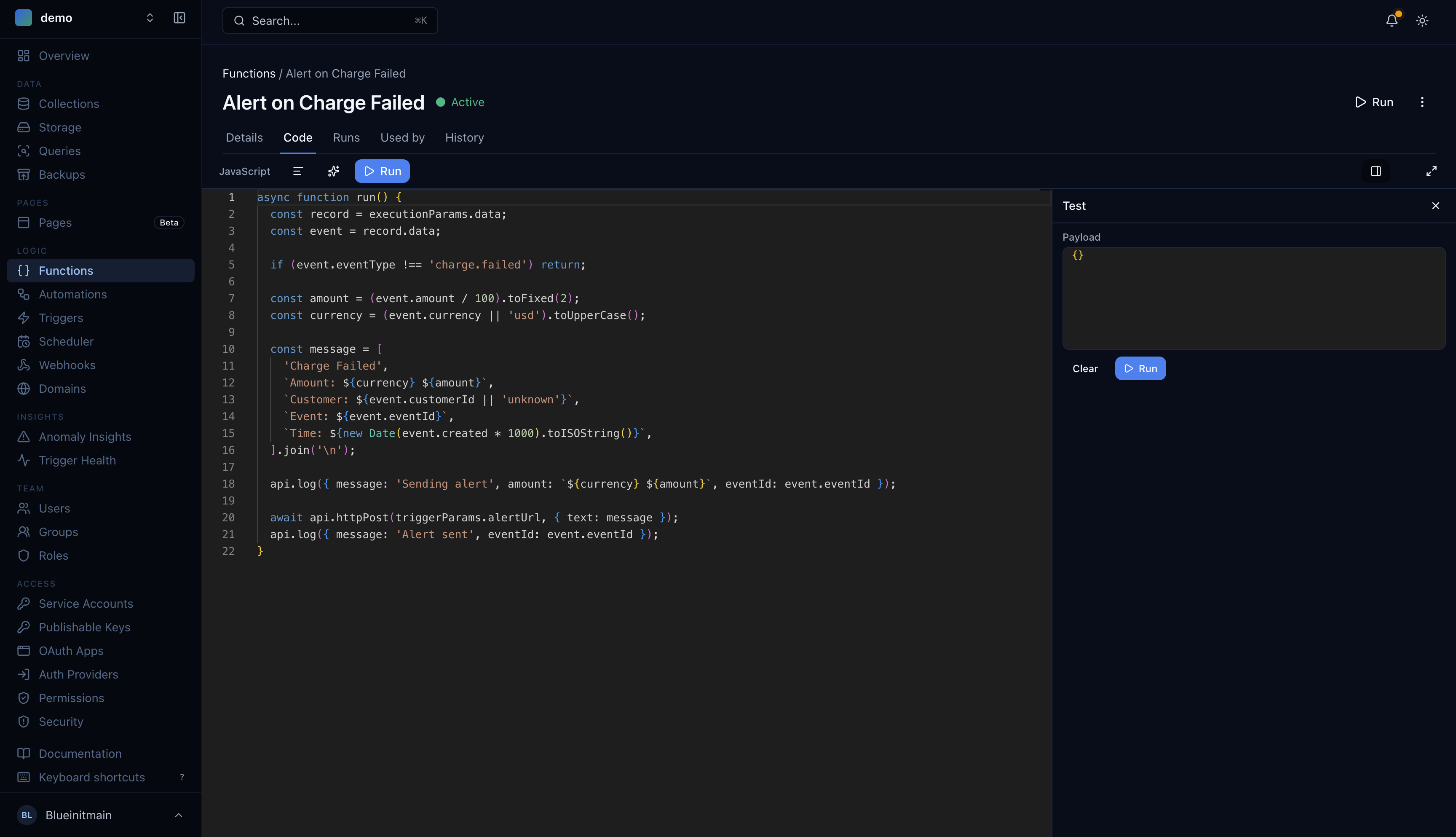 Function editor with Alert on Charge Failed code