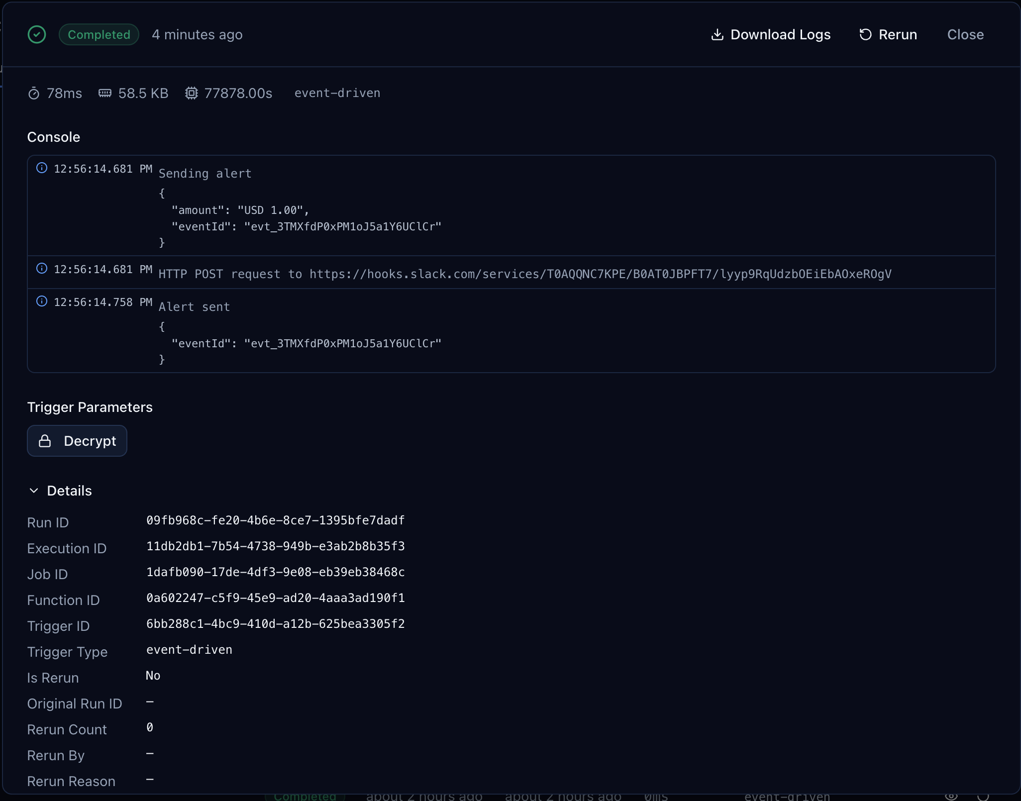 Run detail showing completed execution with Sending alert and Alert sent logs