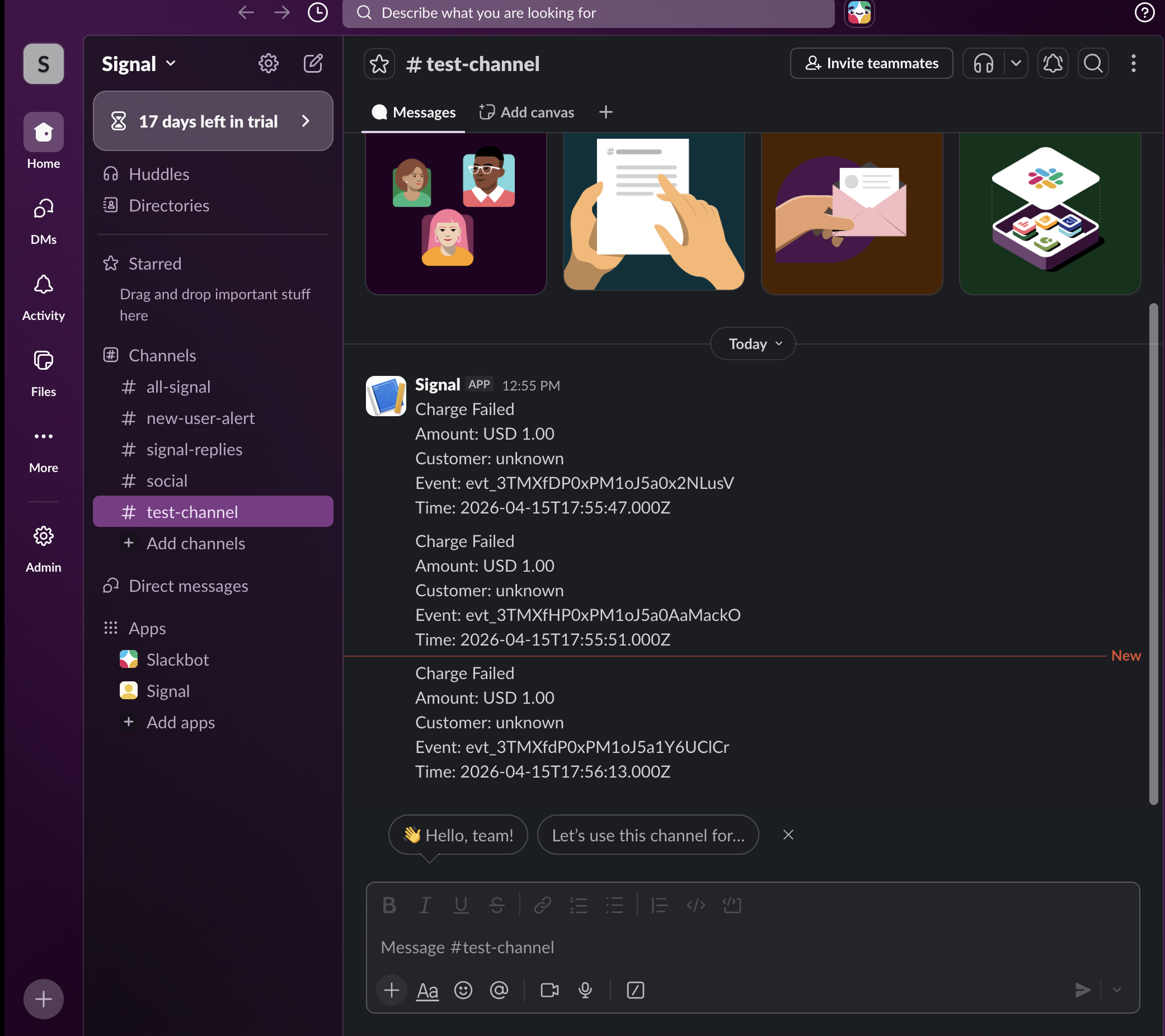 Slack channel showing Charge Failed alerts with amount, customer, and event details