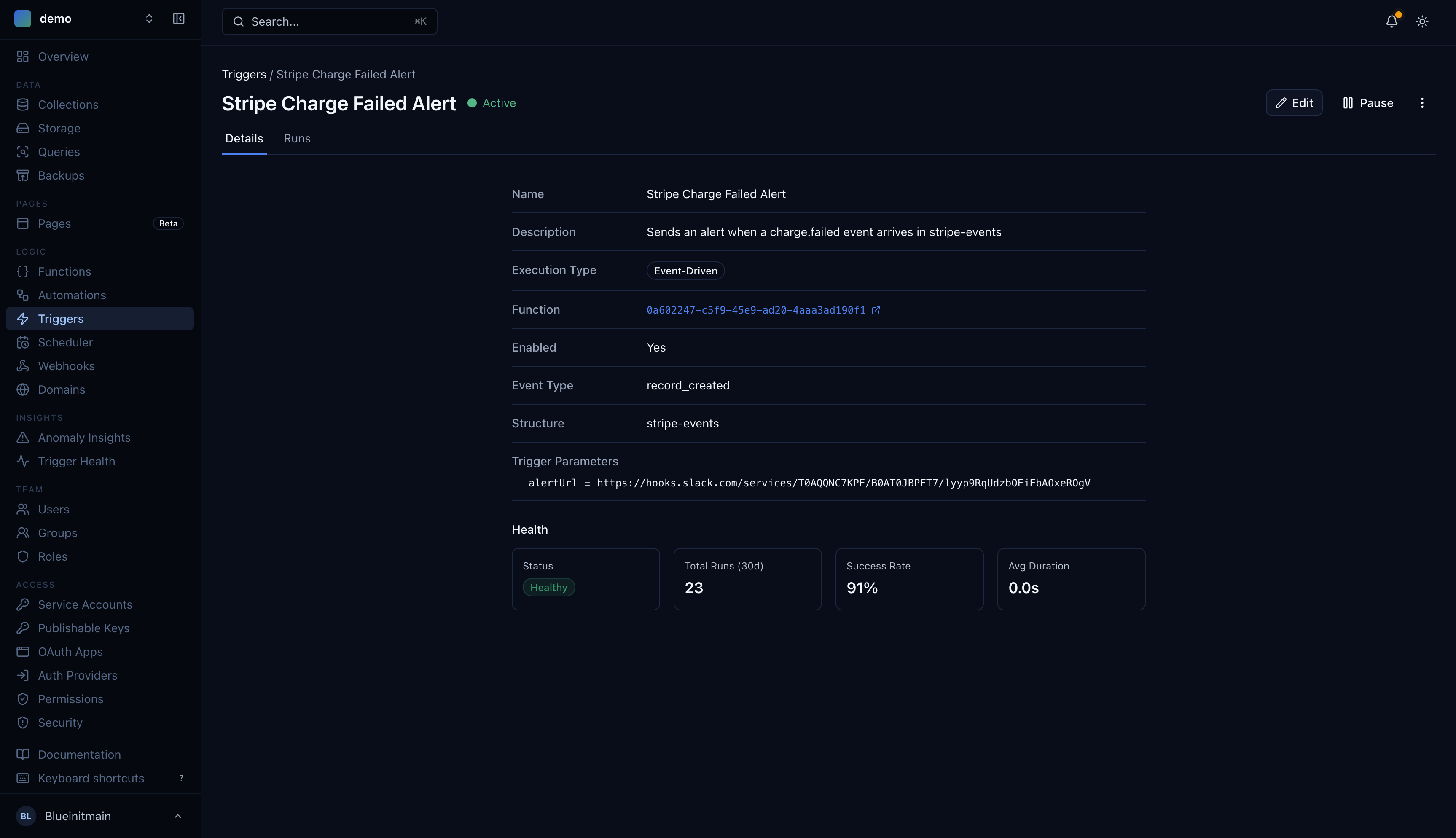 Trigger config showing event-driven setup for stripe-events