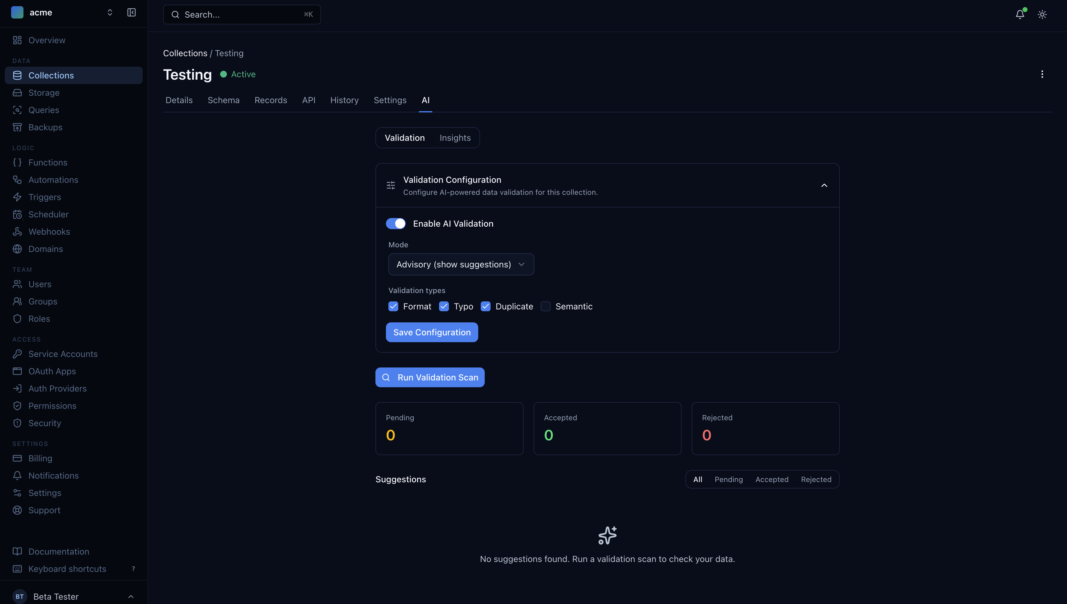 AI validation configuration