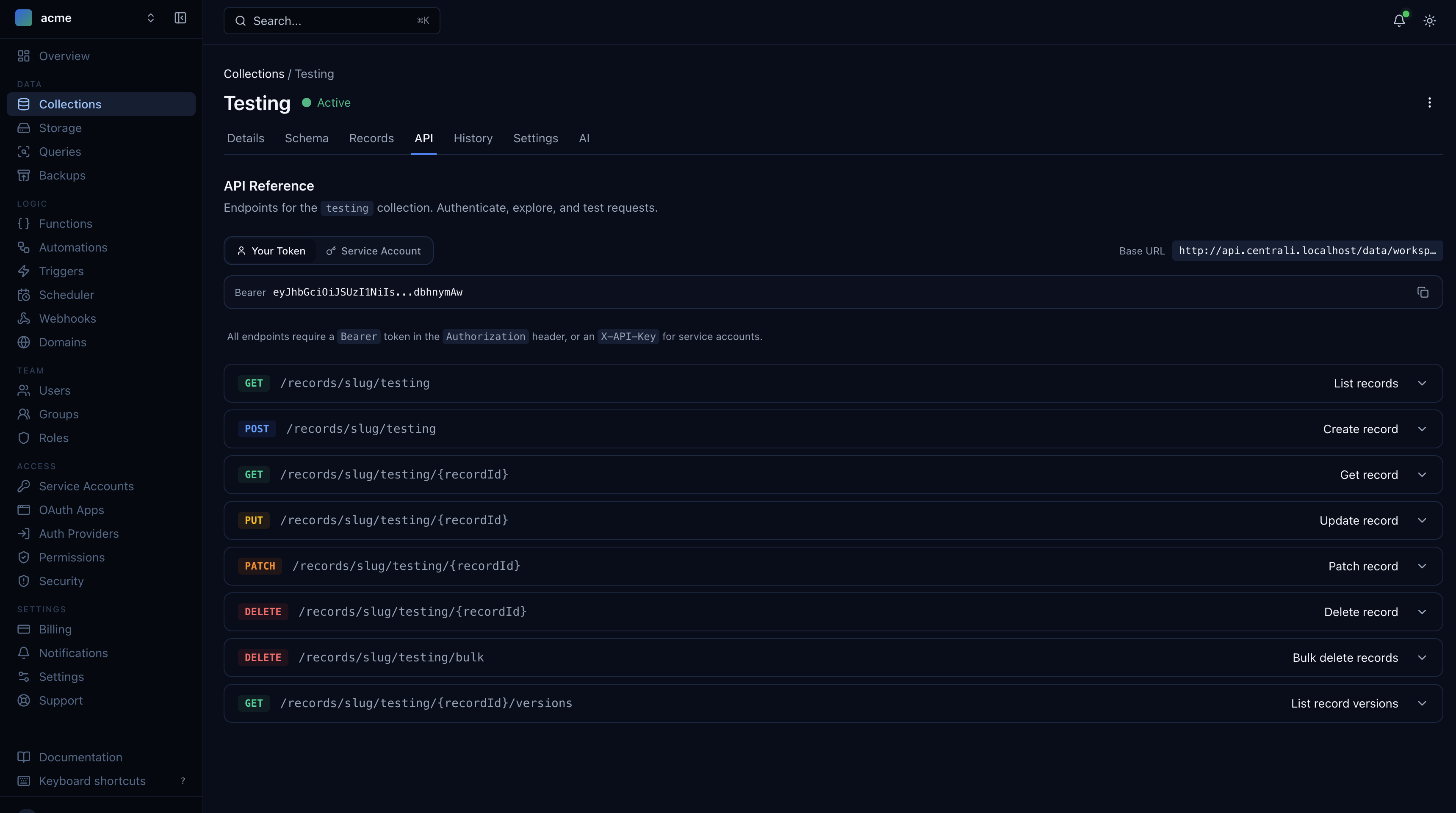API reference tab showing REST endpoints