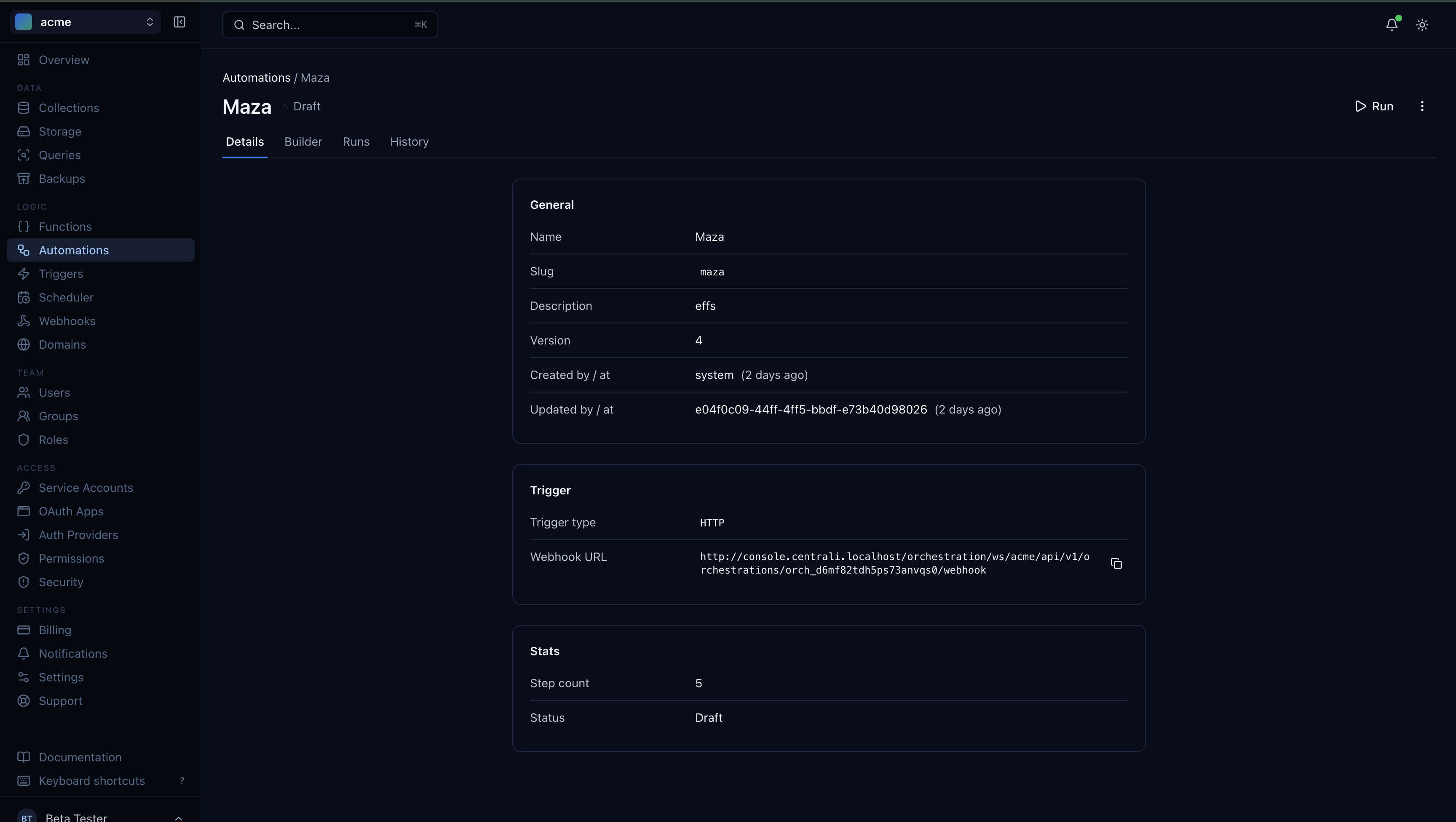 Automation details view