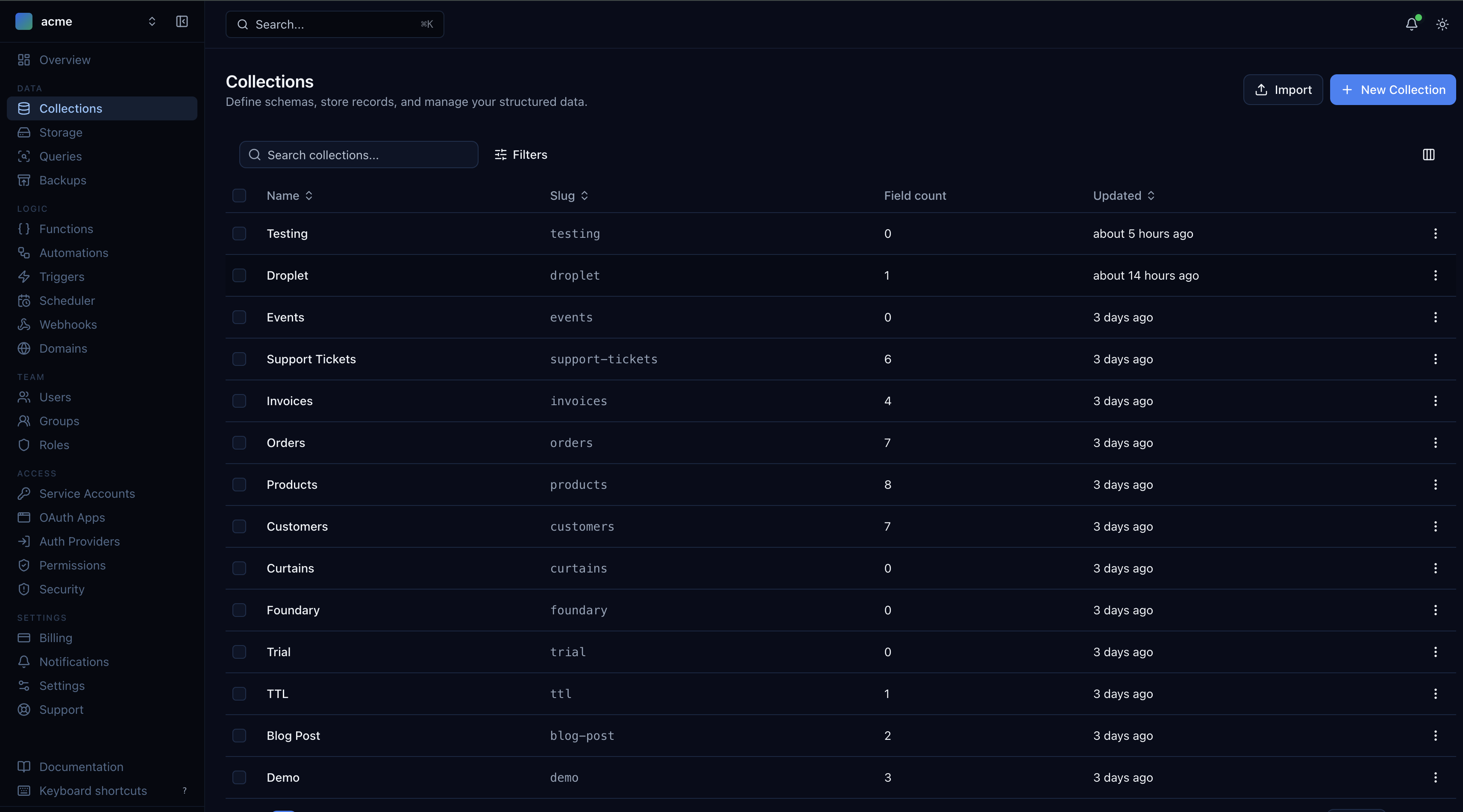 Collections list with search and filters
