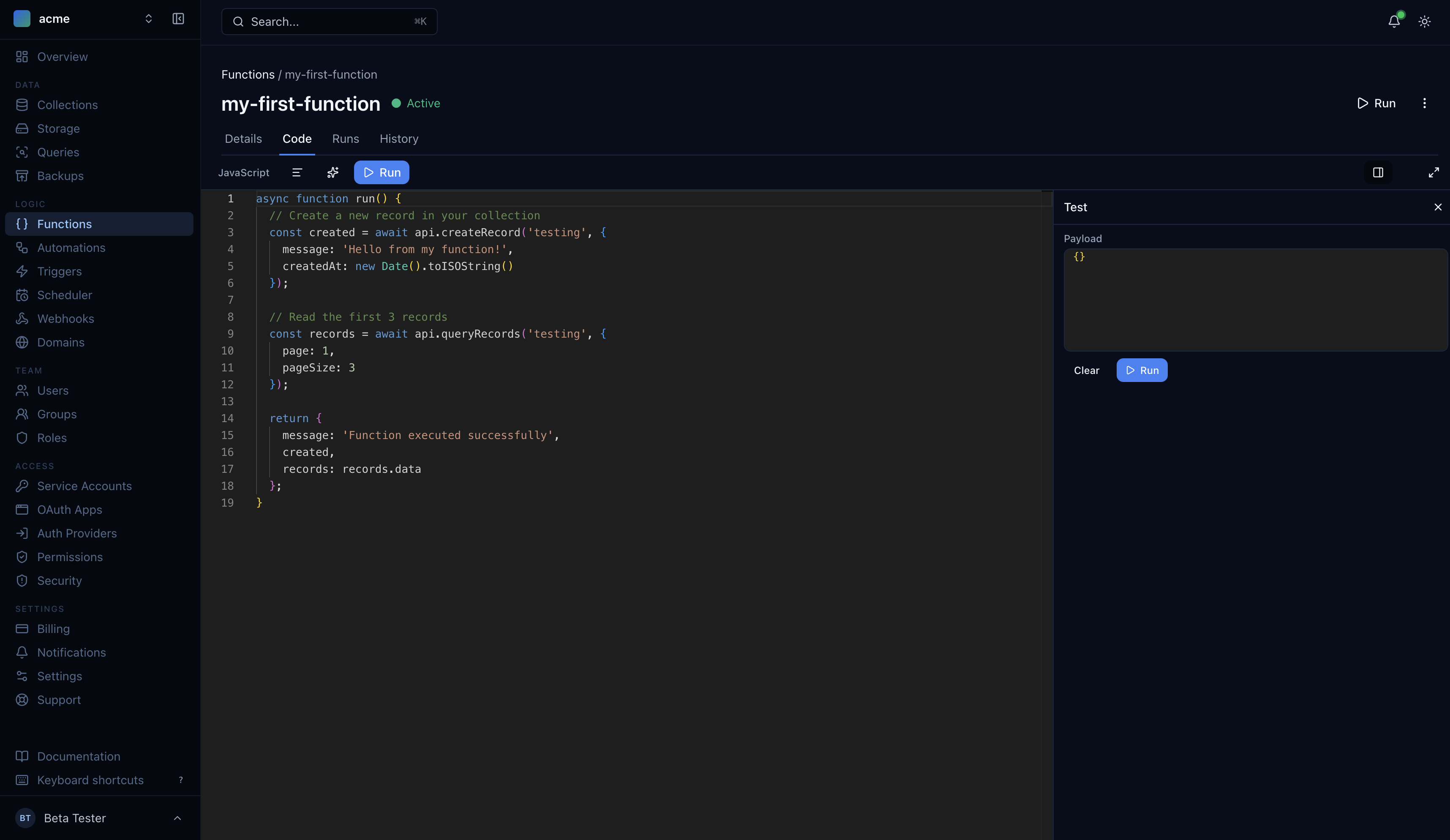 Function code editor with test panel