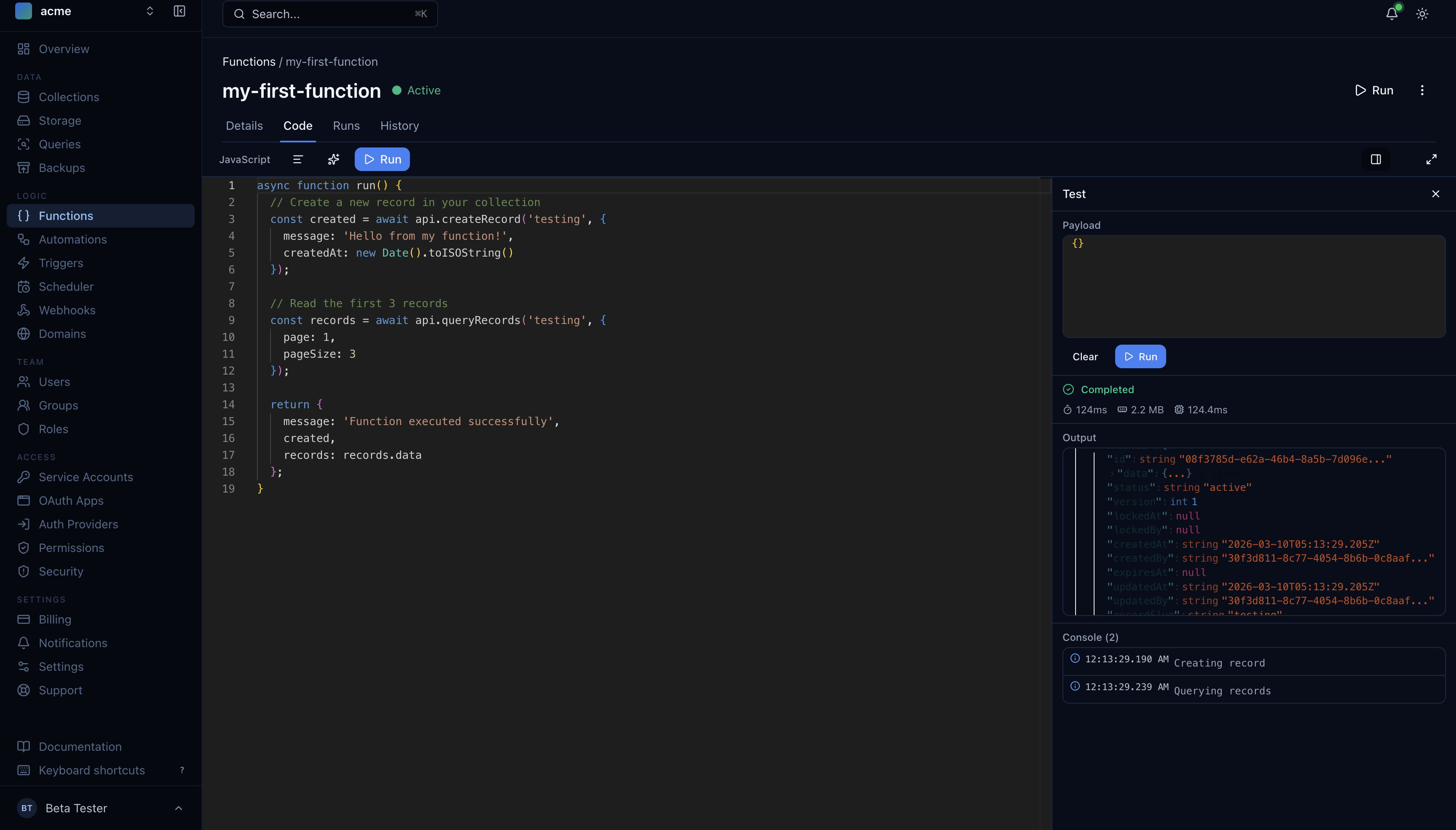 Function execution with output and console logs