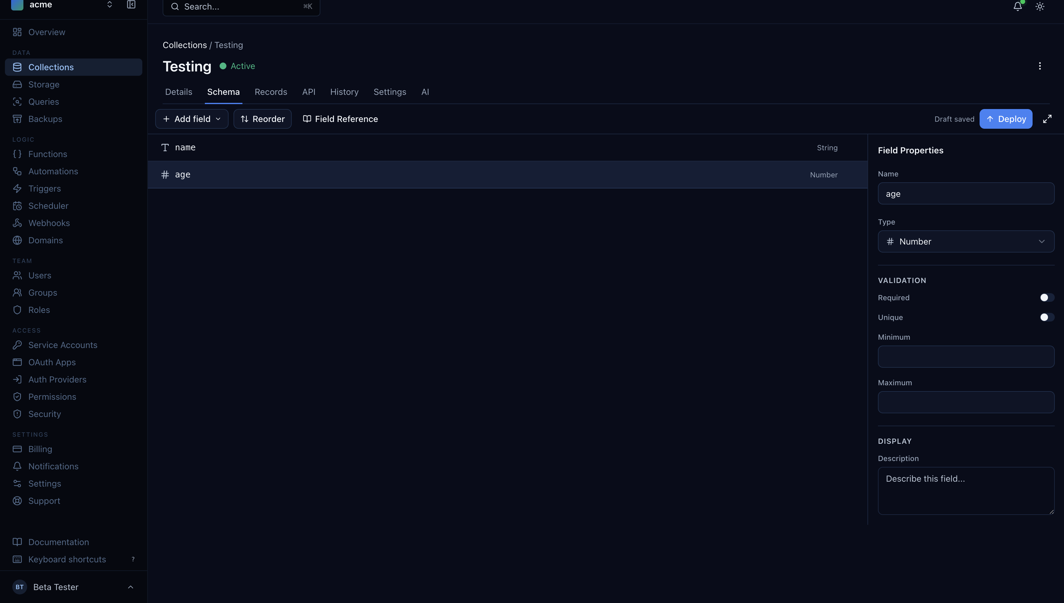 Schema editor with field properties panel