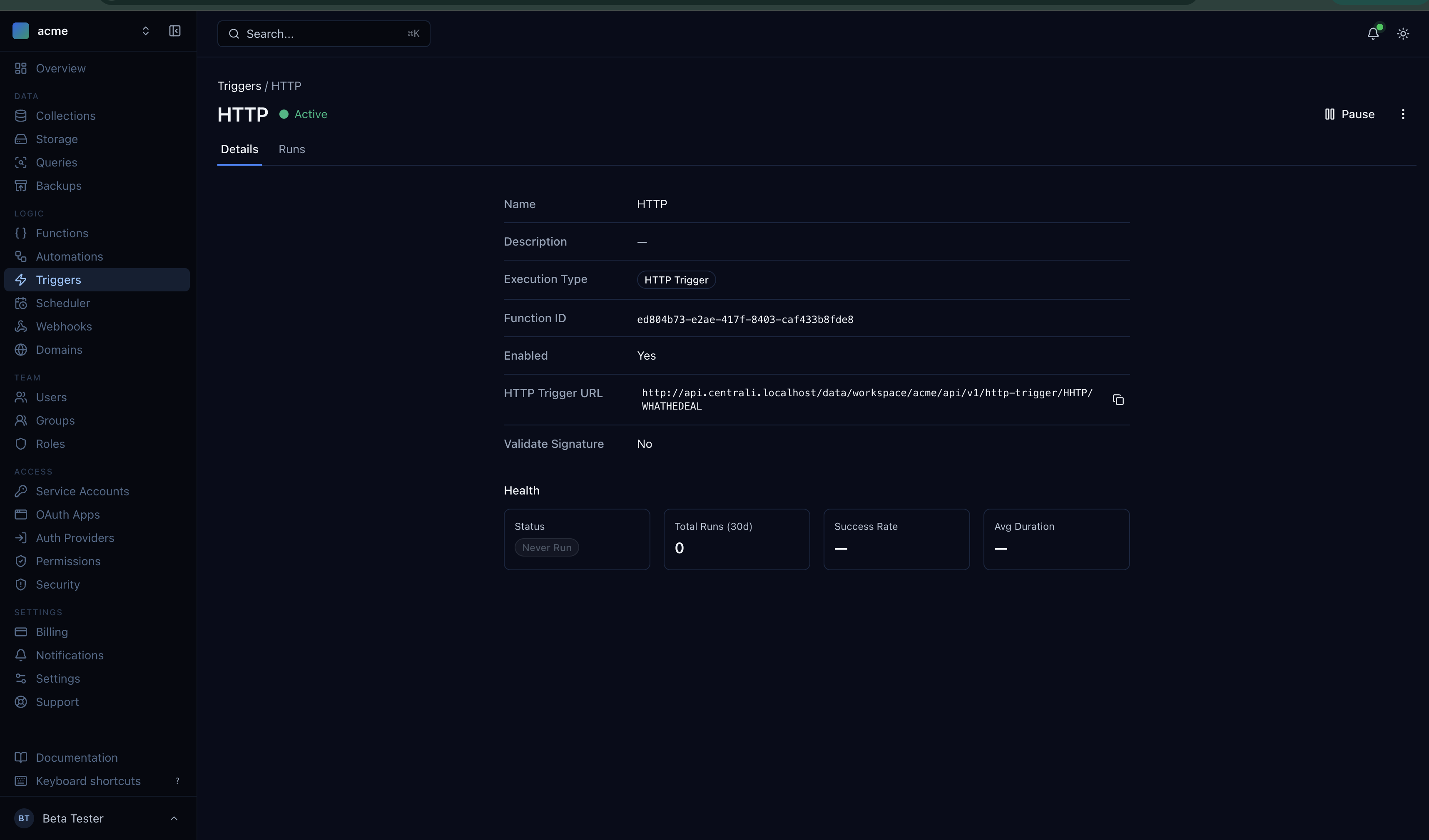 HTTP trigger details with health stats