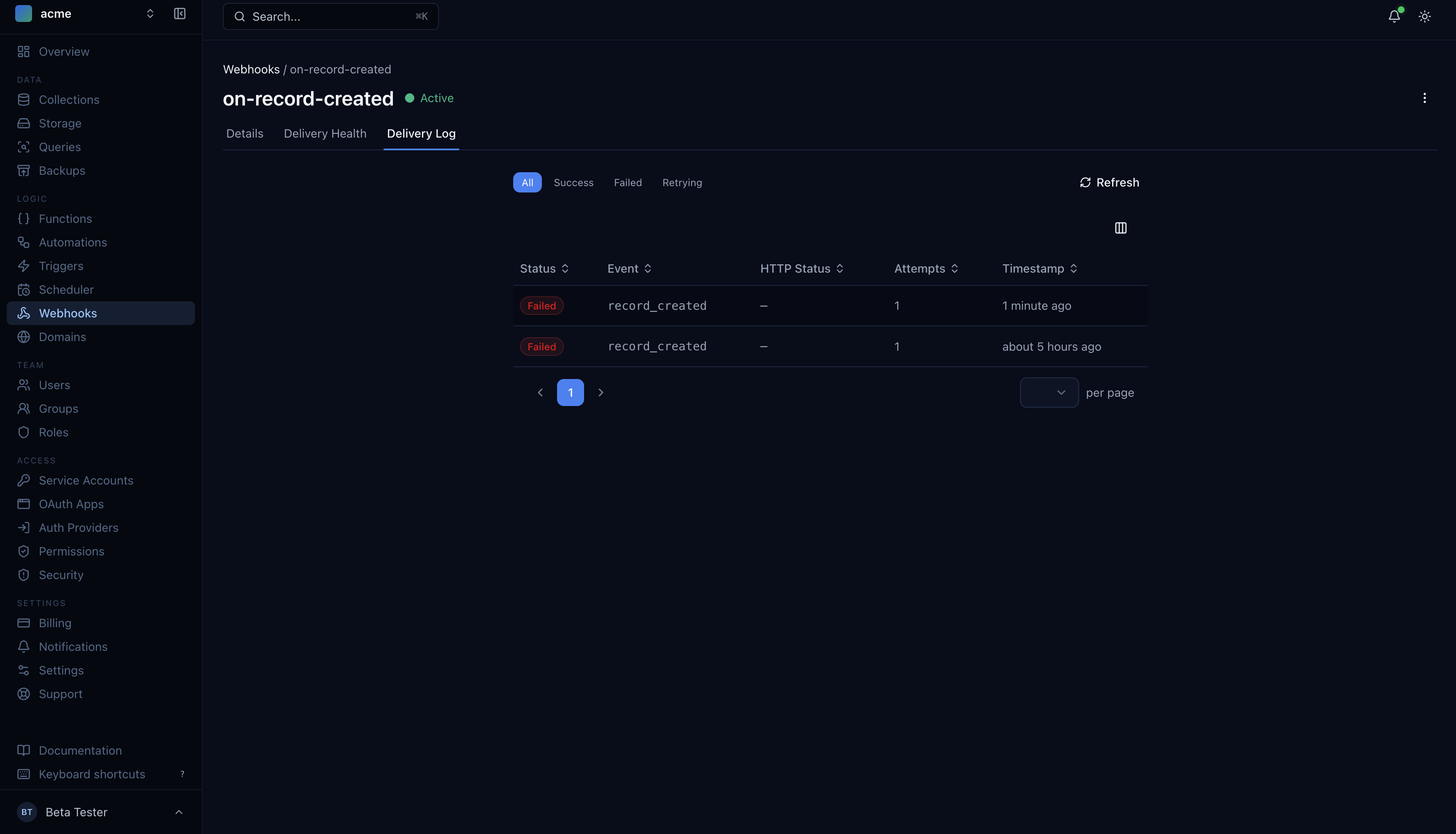Webhook delivery log