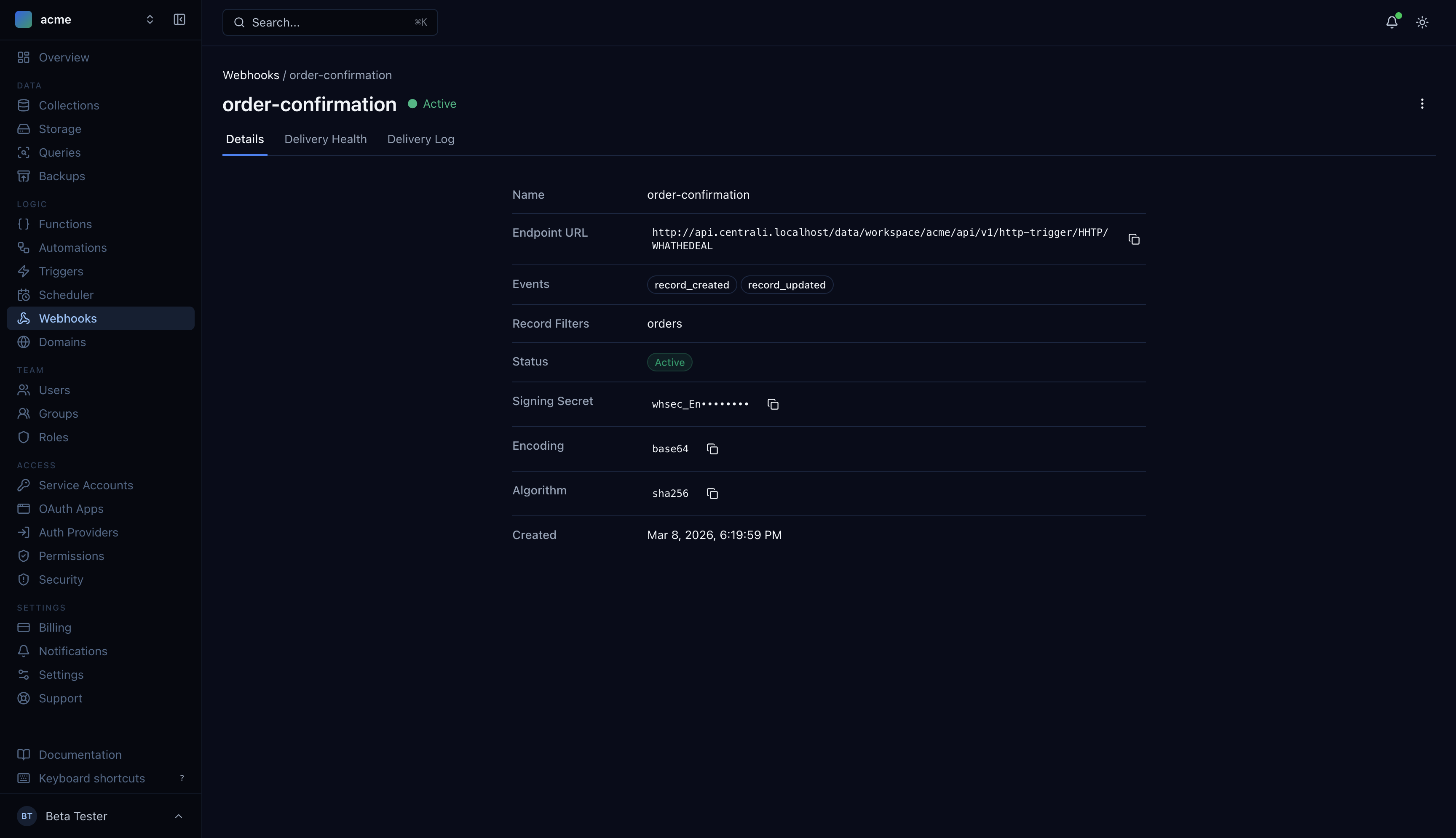 Webhook details with configuration
