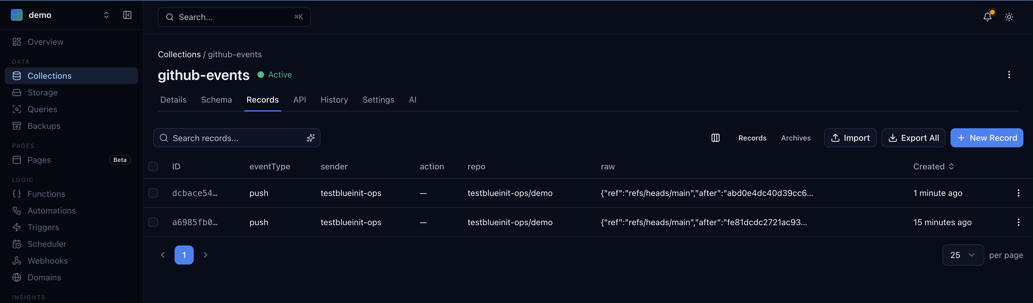 Collection view showing stored GitHub events with eventType, sender, and repo columns
