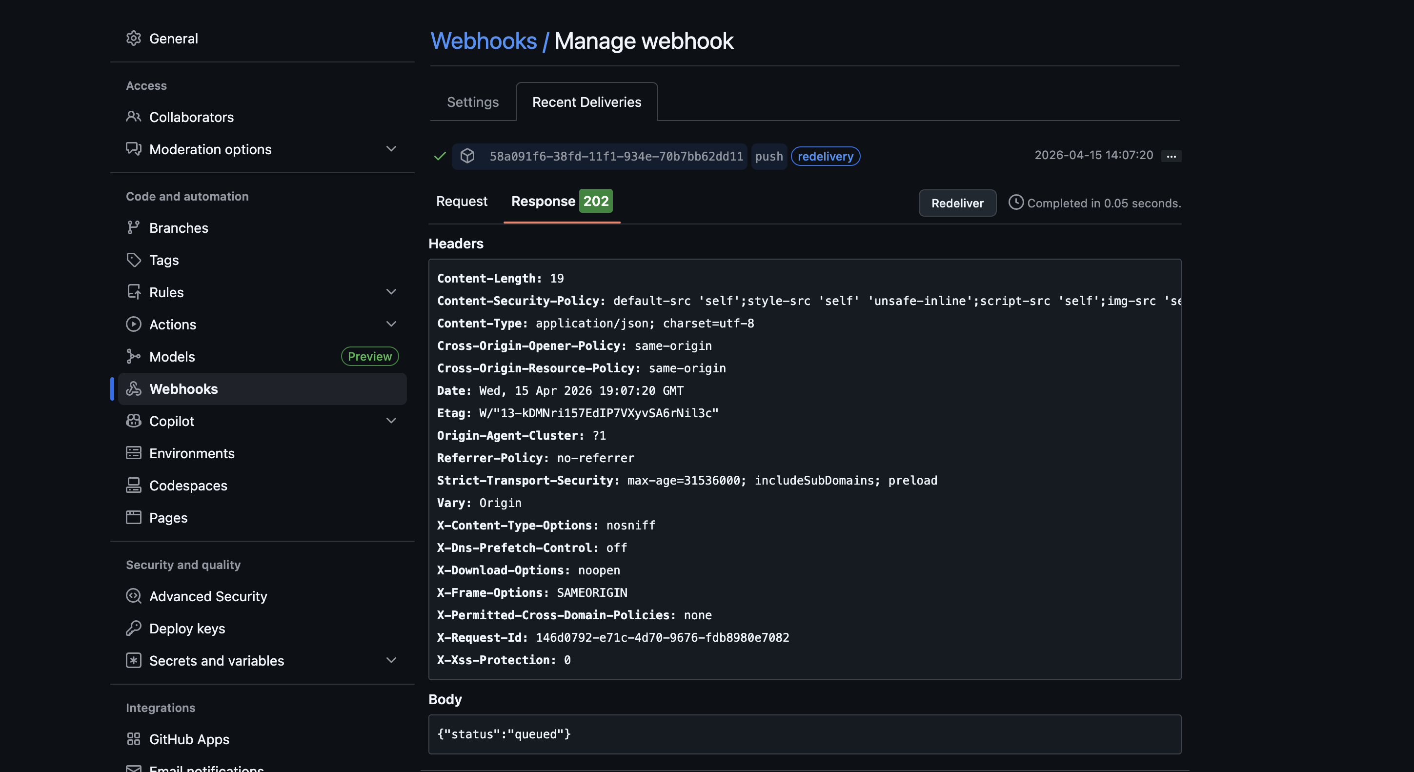 GitHub recent deliveries showing successful 202 response from Centrali