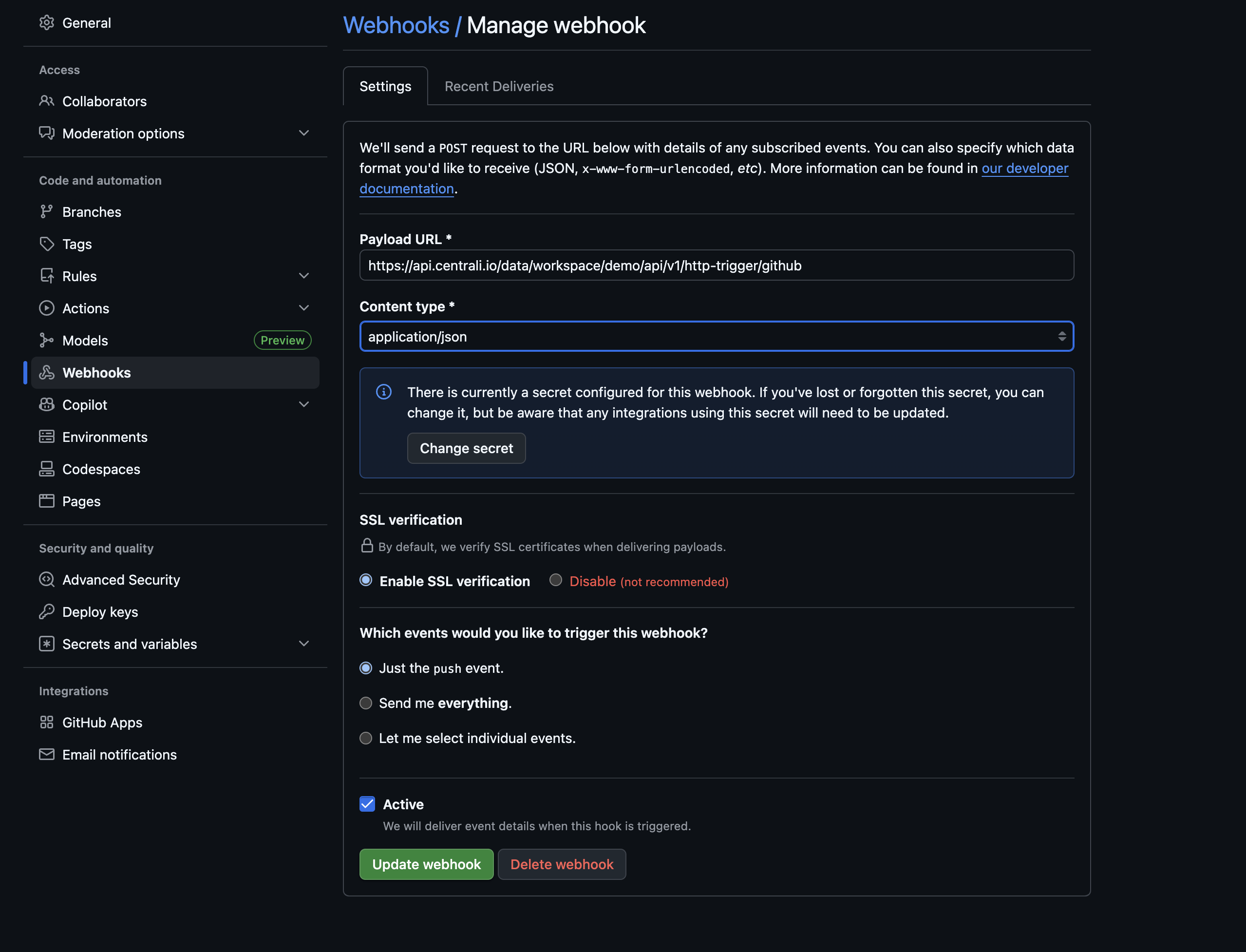GitHub webhook settings page with Centrali URL and JSON content type