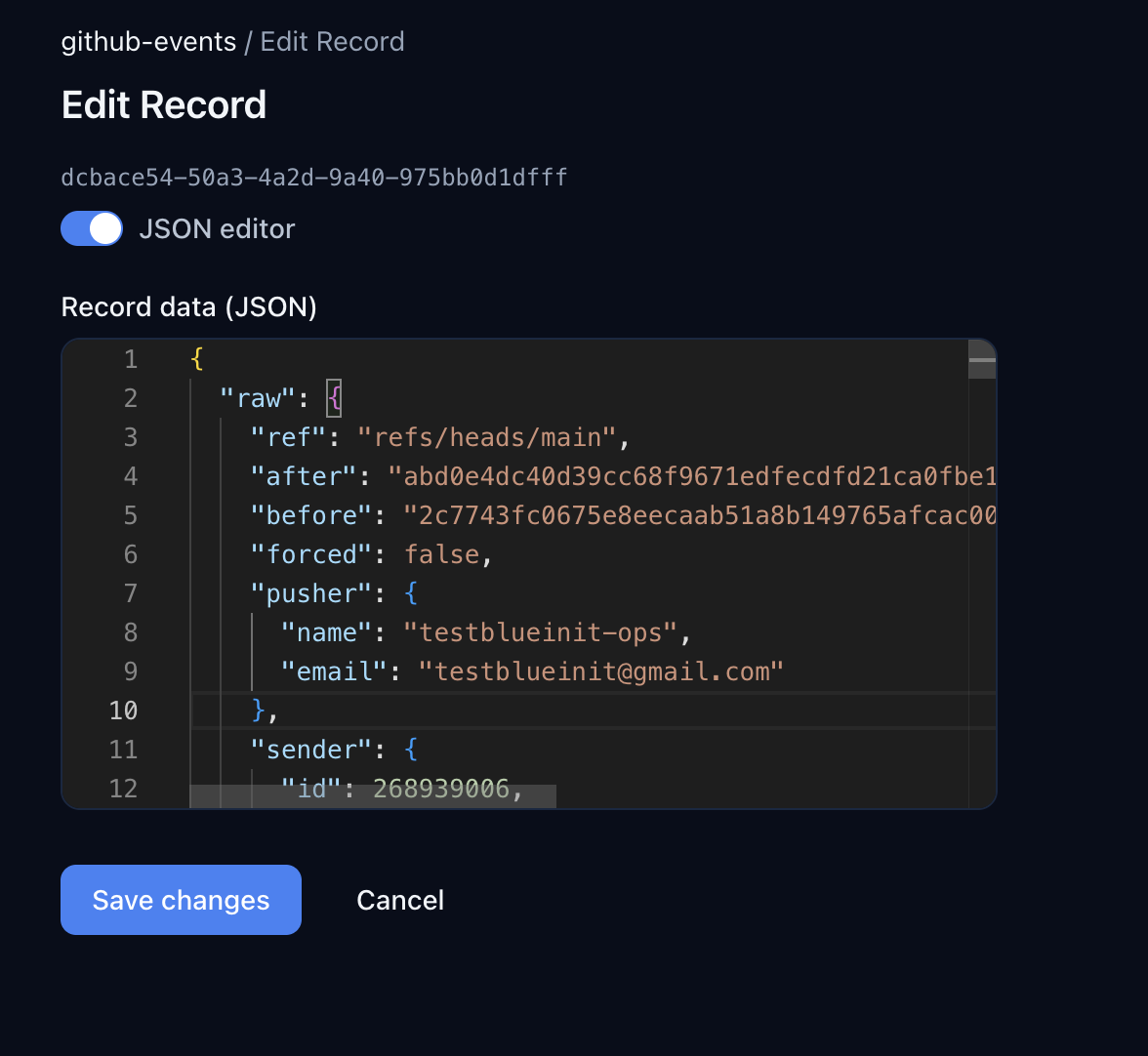 JSON editor view showing the full GitHub webhook payload