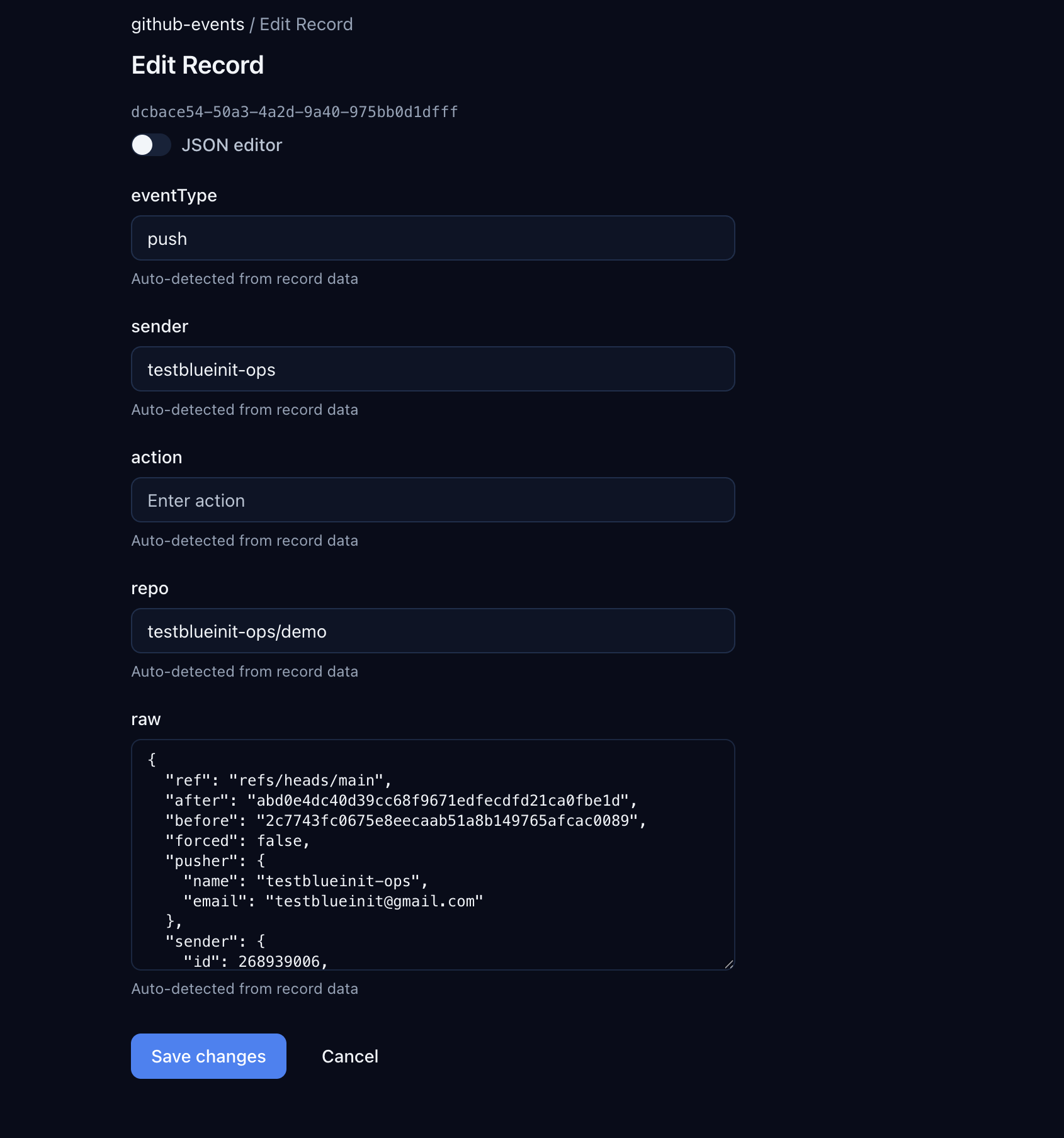 Record detail showing push event with sender, repo, and raw JSON payload
