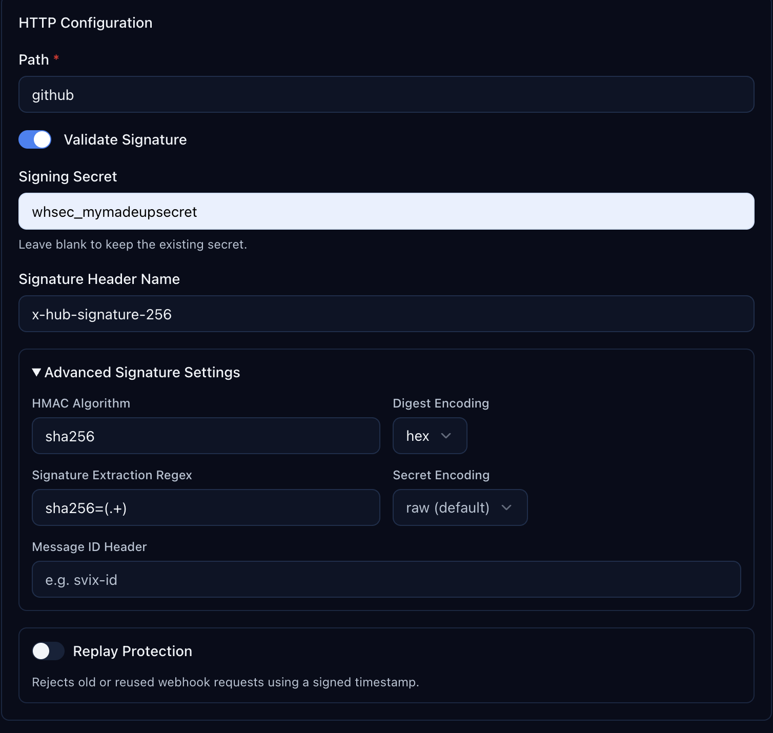 Advanced signature settings showing sha256 algorithm, hex encoding, and extraction regex