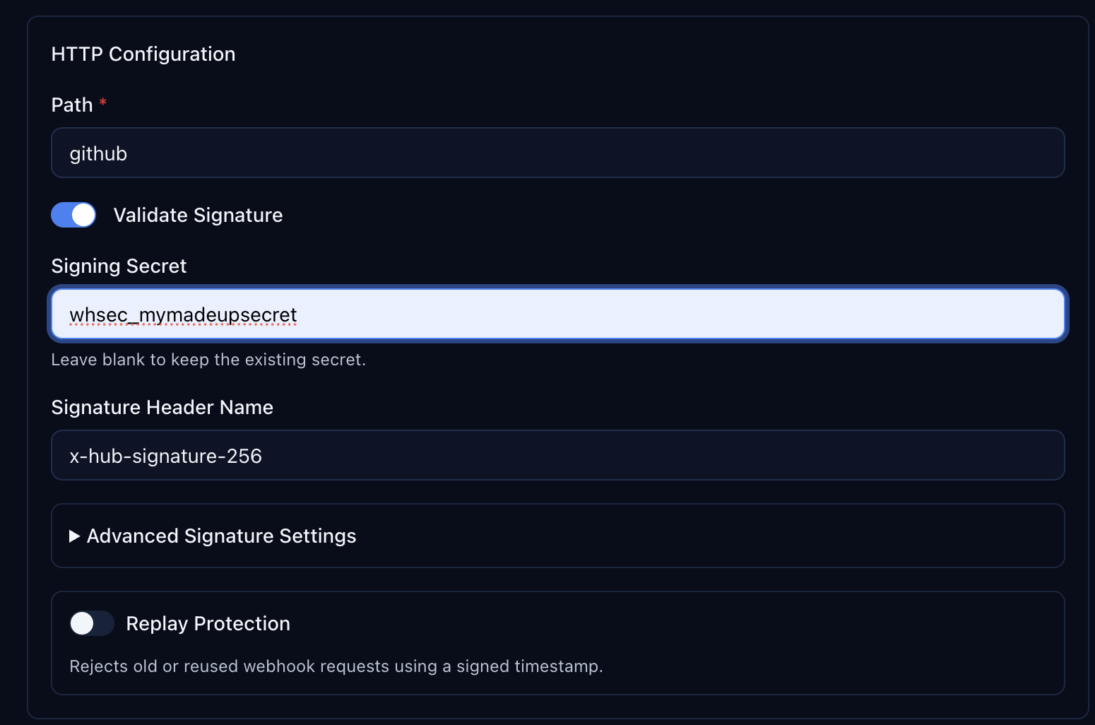 Signature configuration with x-hub-signature-256 header and sha256 extraction