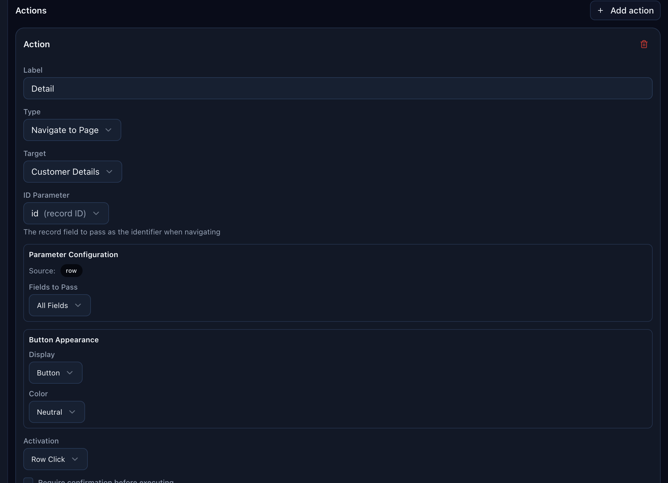 Action configuration — navigate between pages with automatic parameter passing