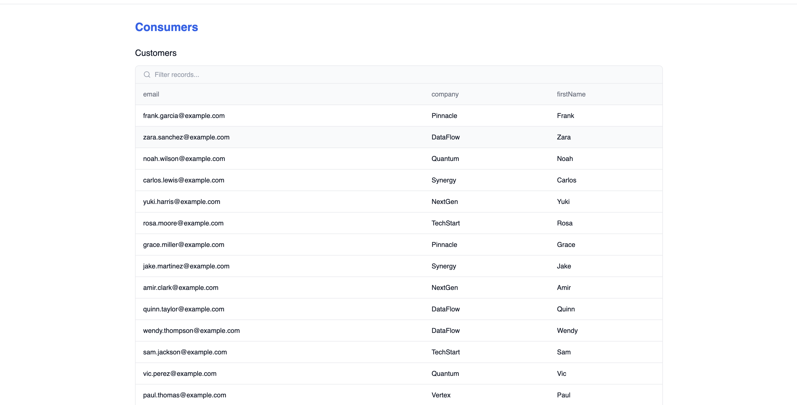 Live list page — a published data table with search and filtering
