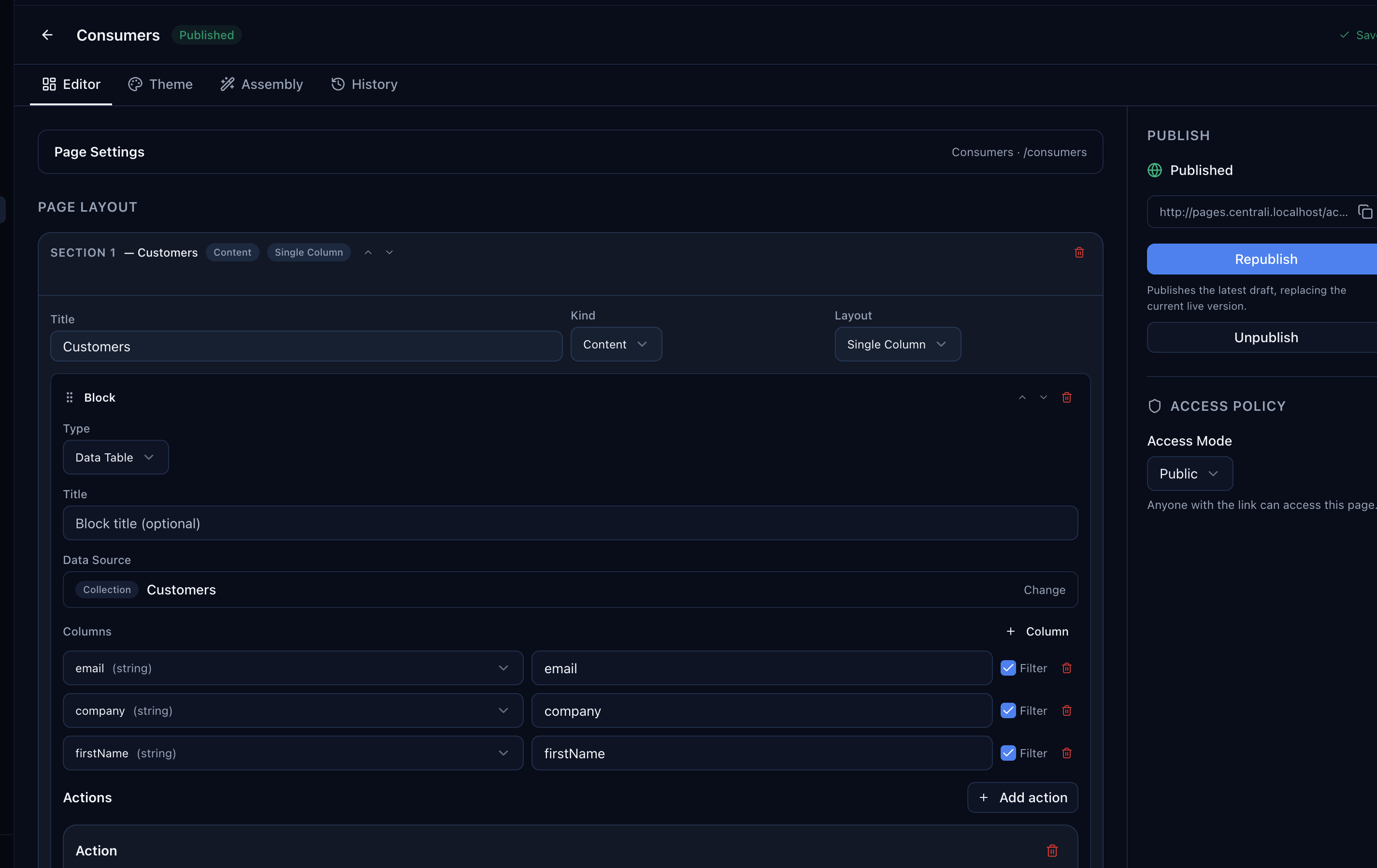 Page editor showing sections, blocks, data source configuration, and the publish panel
