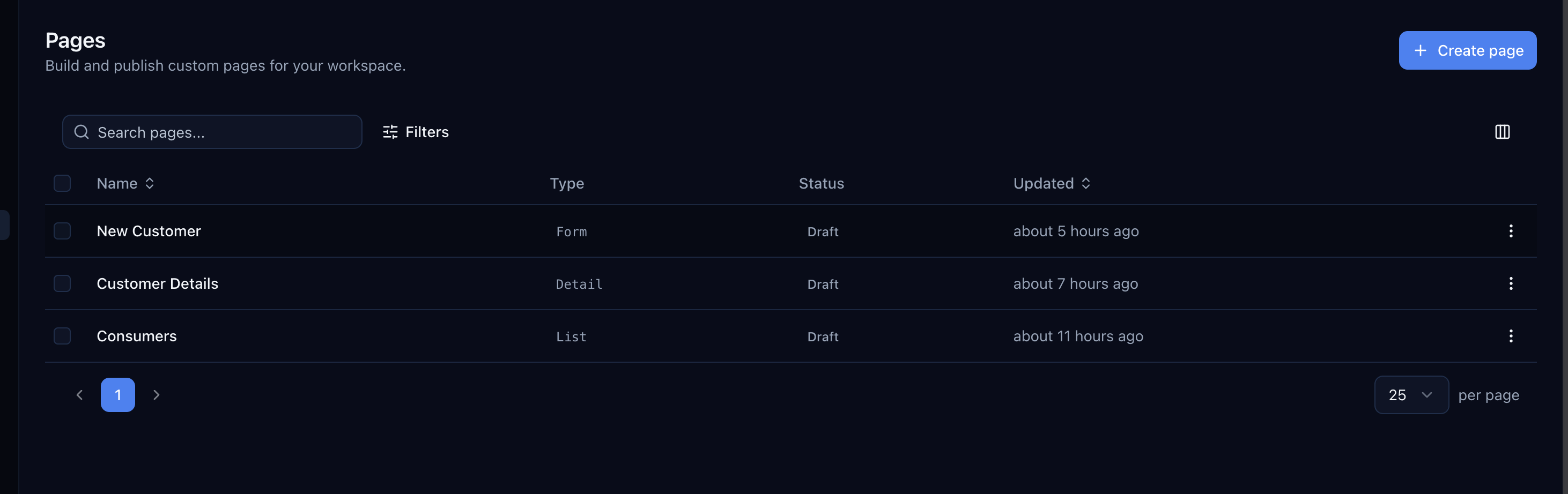 Pages list in the Centrali console — create and manage all your pages from one place