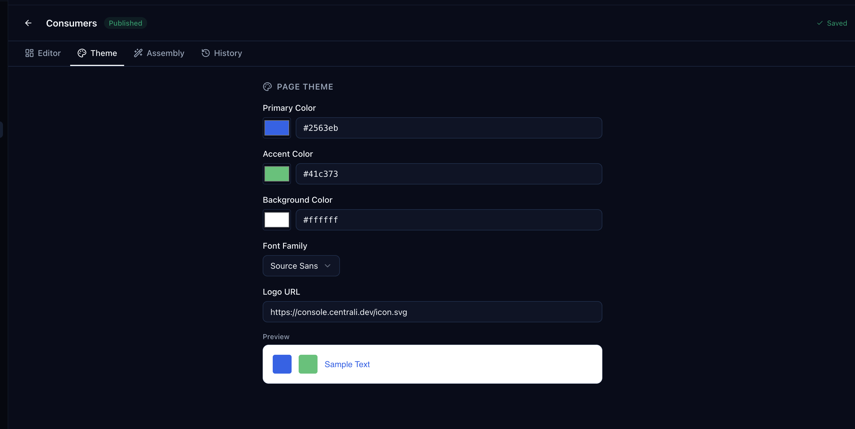 Theme settings — customize colors, fonts, and logo for each page